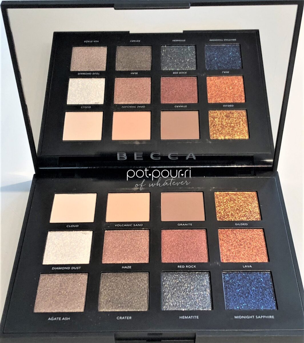 INSIDE THE BECCA VOLCANO GODDESS HOLIDAY EYE SHADOW PALETTE A LARGE SQUARE MIRROR AND 21 EYE SHADOW SHADES