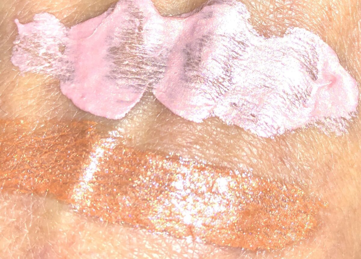 SWATCHES TOP YOU'RE SO JELLY ROSE PINK HIGHLIGHTER-BOTTOM TUTTI FRUTTI JUICY FRUITS LIP GLAZE IN SHOW ME YOUR COCONUTS