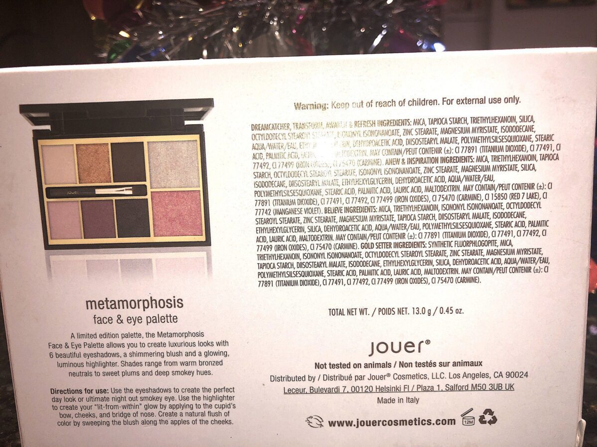 THE BACK OF THE OUTER PACKAGING BOX FOR THE JOUER METAMORPHOSIS PALETTE HAS A LIST OF INGREDIENTS