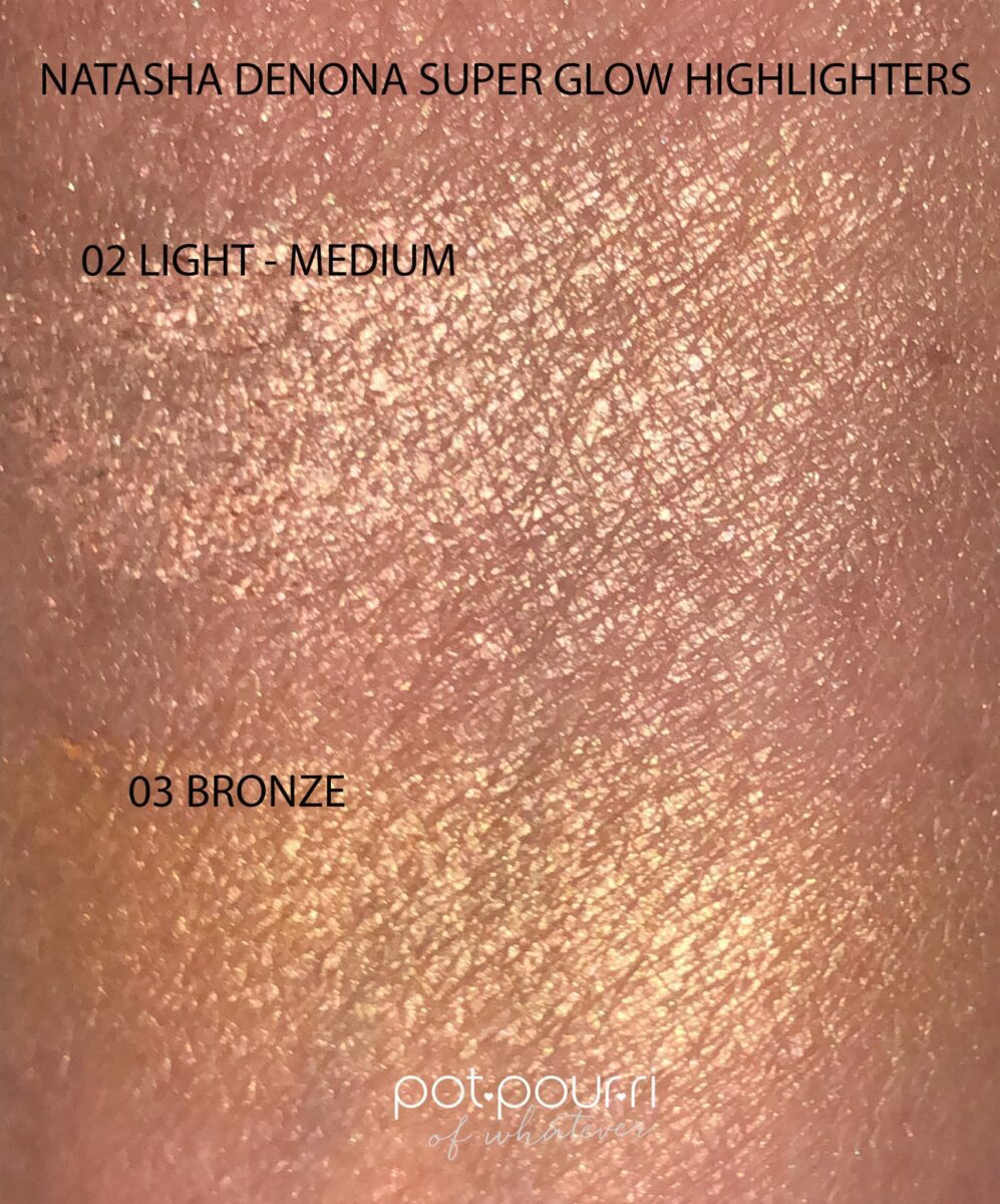 Swatches of Natasha Super Glow Powder Highlighter in 02, and 03
